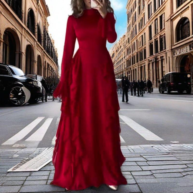 Frühling Europäische und Amerikanische Damenbekleidung Rundhals Trompetenärmel Temperament Hohe Taille Spleißband Kleid