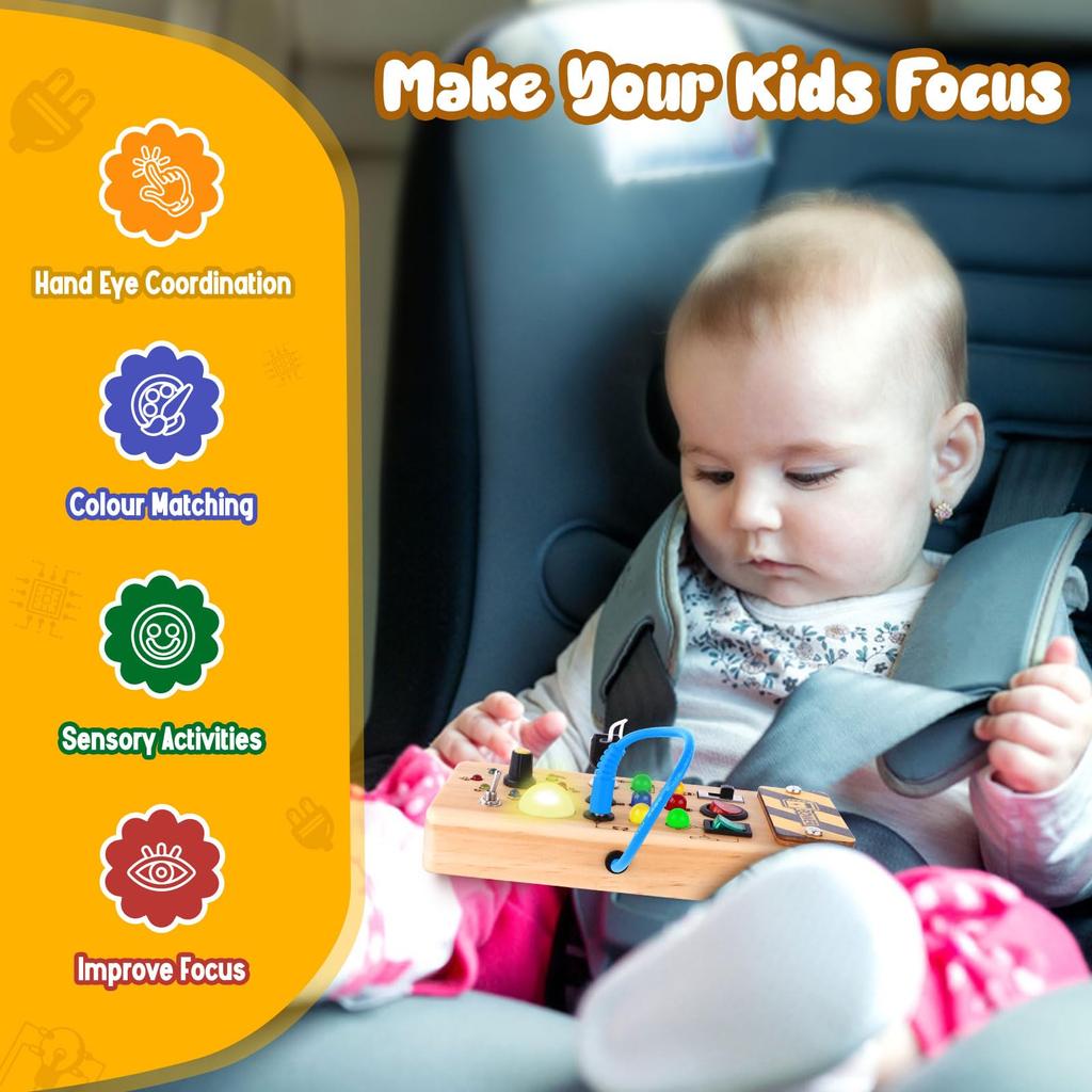 Montessori Busy Board Wooden with 8 LED Light Switches Sensory Toys Travel Toys for Babies and Toddlers Ages Toddler/Baby 1+