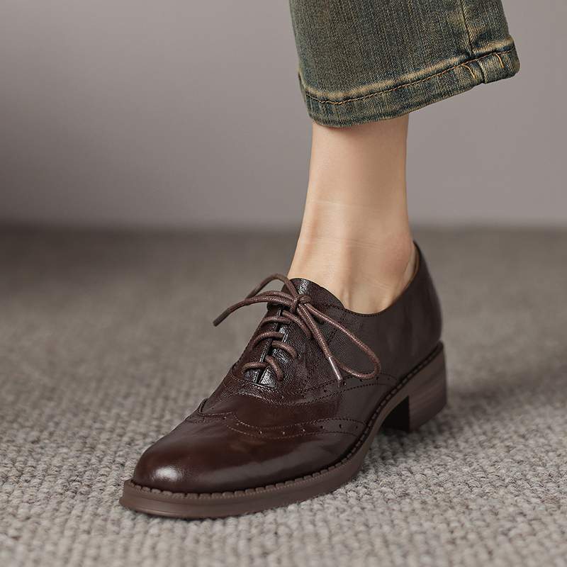 Krazing Pot Sheepskin Round Toe Thick Heels Autumn Lace Up Block Shoes Women Retro Fashion Pumps