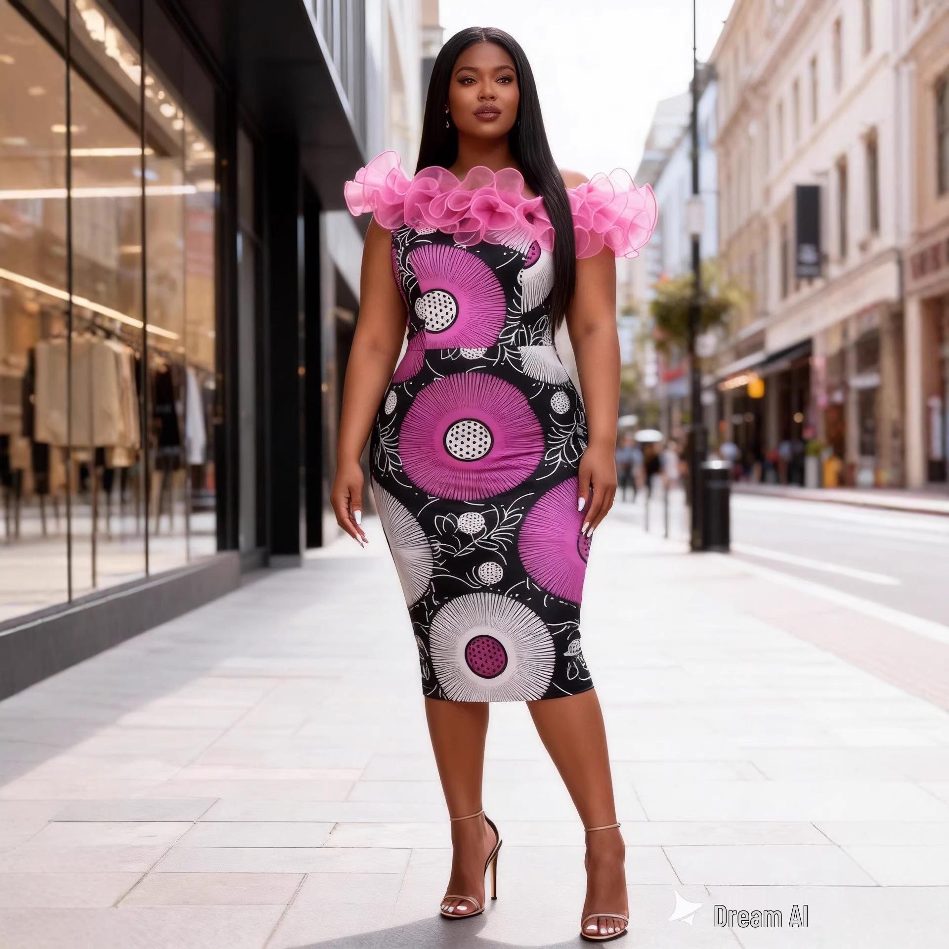 Plus Size Women s African Print Sleeveless Organza Ruffle Bodycon Gown XL