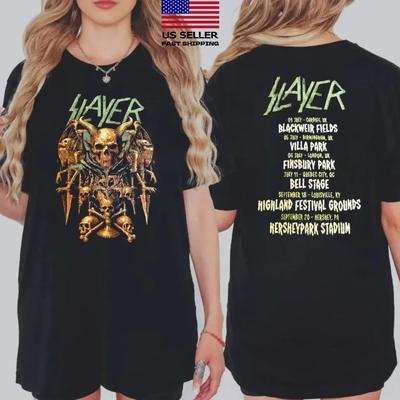 Slayer Trasa Pożegnalna 2025 Merch Sztuka z Tronem Czaszki Z Datami Trasy Dwustronna Koszulka Unisex T-Shirt