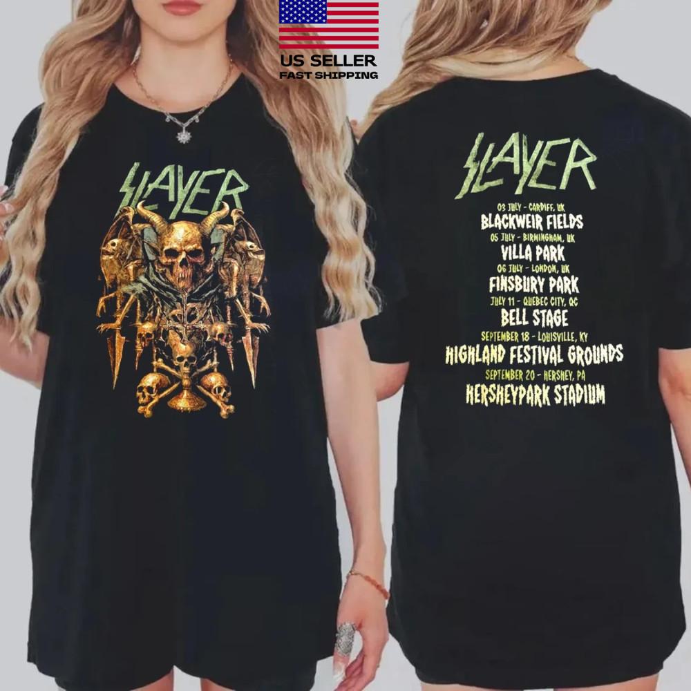 Slayer Farewell Tour 2025 Merch Totenkopf Thron Kunst Mit Tourdaten Zweiseitiiges Shirt Unisex T-Shirt
