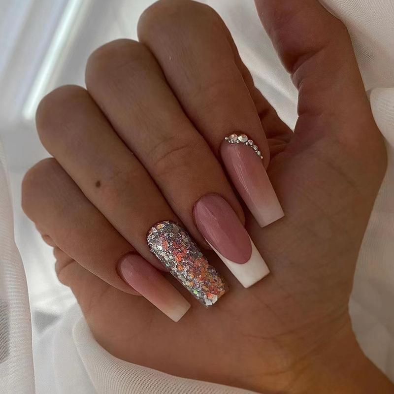 24Pcs Simple French Press On Nails Long Square Sweet Cute Fake Nails With Glitter Diamond Stick On Nail