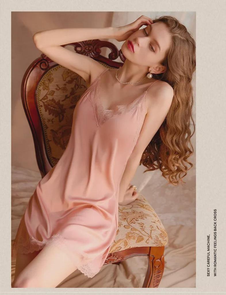 2024 Women's Sexy Ice Silk Lace Nightdress with Stylish Back