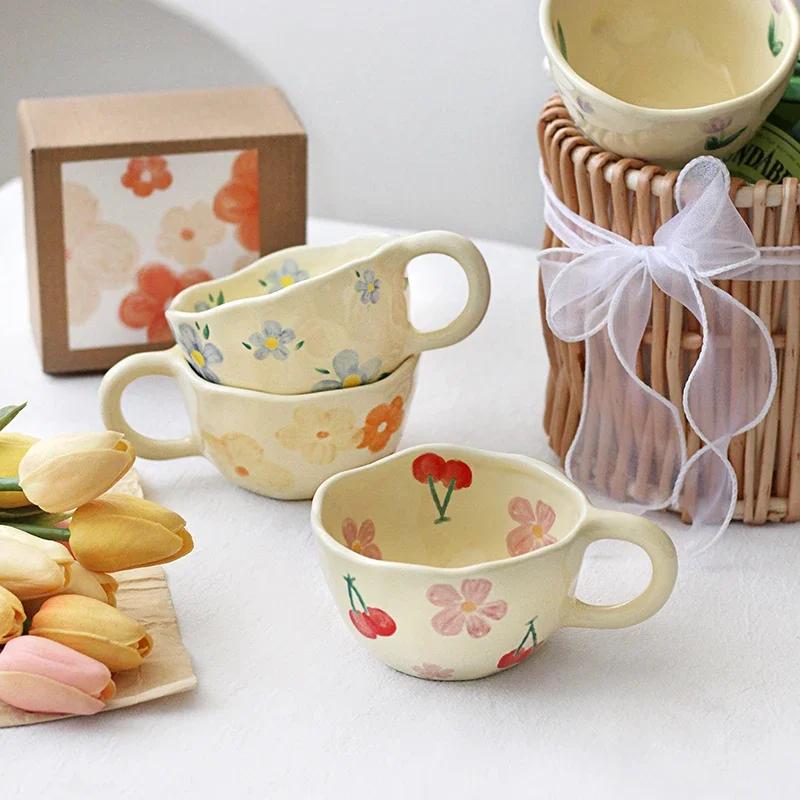 Korean Style Ceramic Mug Cute Hand Pinched Irregular Flower Coffee Mugs with Handle Afternoon Tea Cup Breakfast Milk Cups Gifts