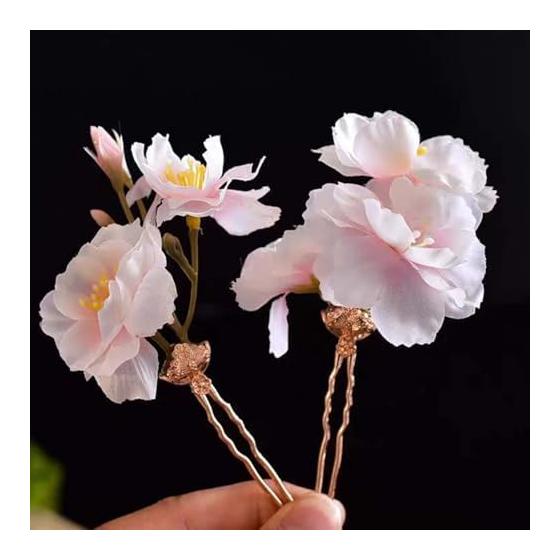Cherry Blossom Hair Accessory Set (2 Pieces) - Artificial Flowers, U-Pins, Kanzashi, Comb, Elegant for Yukata, Japanese Traditional Wear, Princess