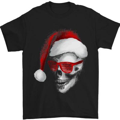 Santa Skull Wearing Shadows Fun Christmas T-Shirt Men's 100% Cotton