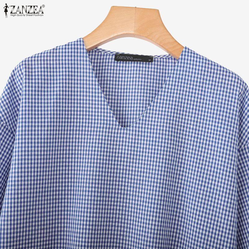 ZANZEA Blusa Casual de Mujer con Estampado a Cuadros, Cuello en V y Mangas 3/4, Holgada