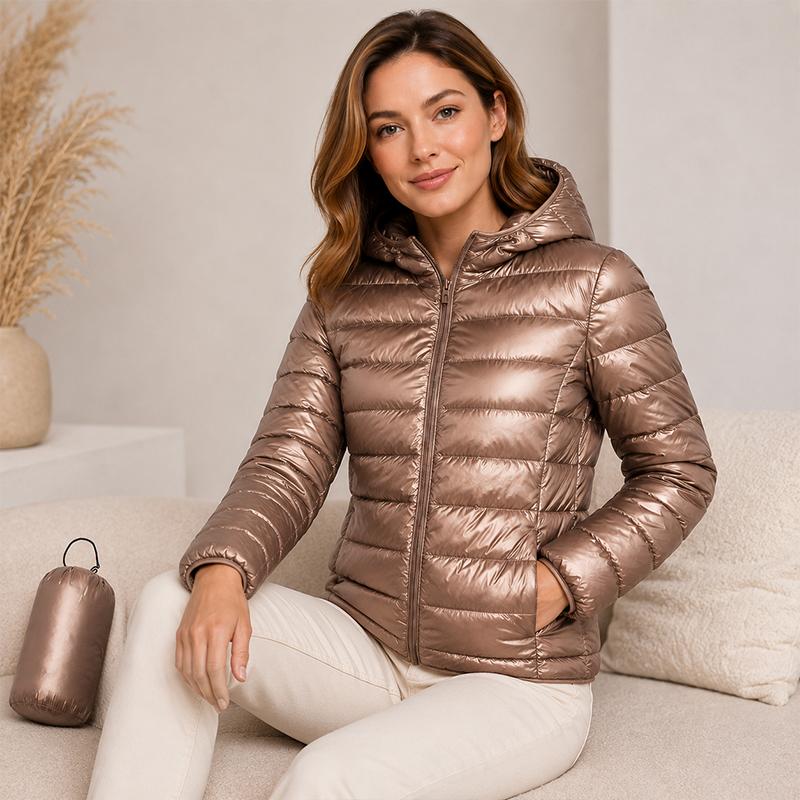 Women's Down Coats - Women Ultralight Packable Hooded Puffer Jacket, Solid Color Full Zip Quilted Short Coat with Storage Bag, Windproof Lightweight