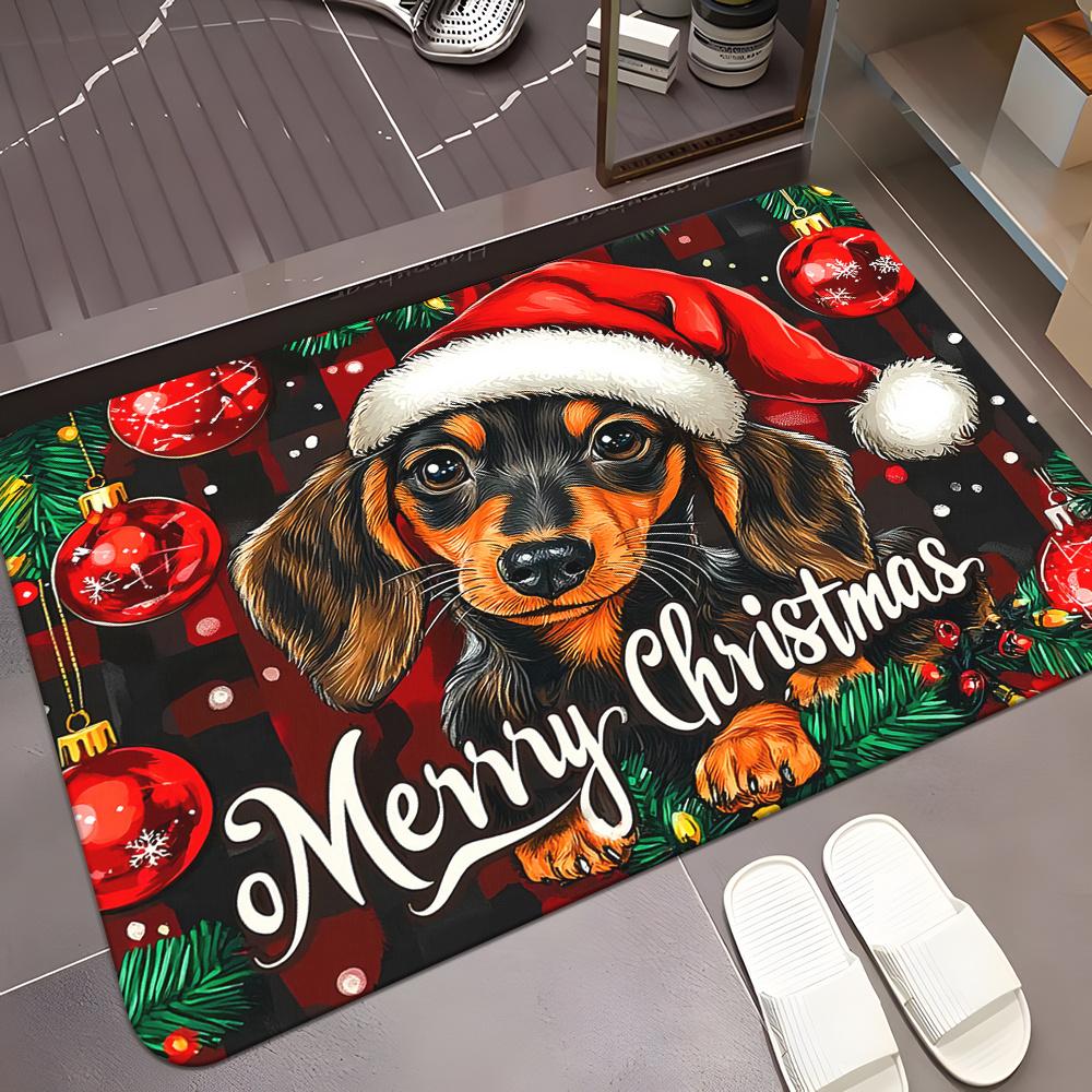 Christmas Dachshund Santa Hat Doormat, Red Black Golden Non-Slip Absorbent Hand Wash Polyester Rug for Pet Lover Home Decor
