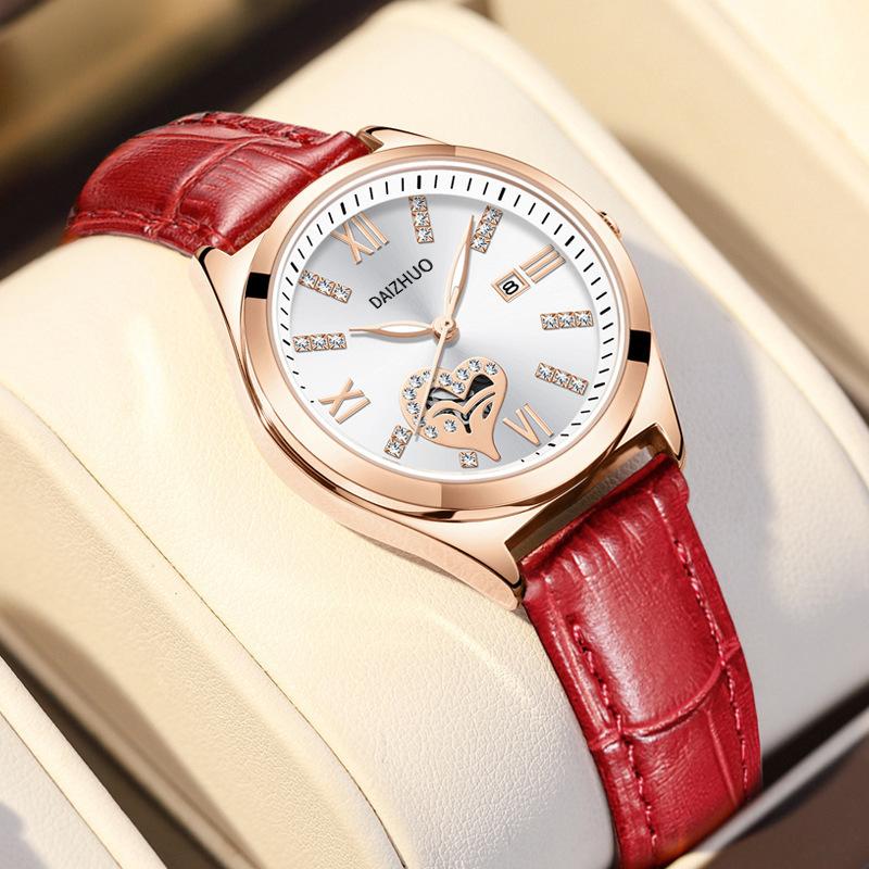 UTHAI Women's Watch Elegant Light Luxury Red Leather Love Waterproof Calendar Ladies Fashion Quartz Watches Valentine's Day Gift