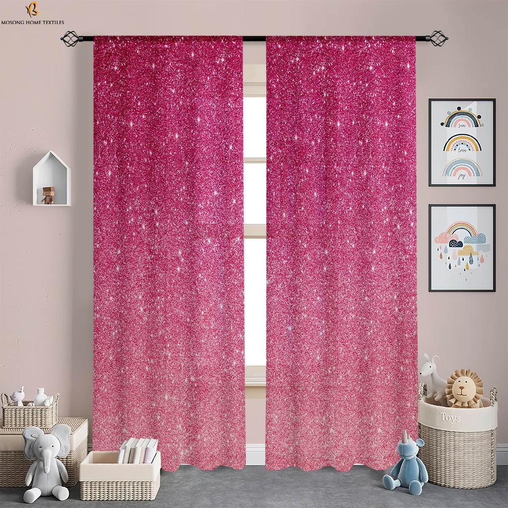 Rainbow Pink Shiny Printed Curtains Children's Room Bedroom Living Room Study Decorative Curtains 2 Pieces Home Decoration