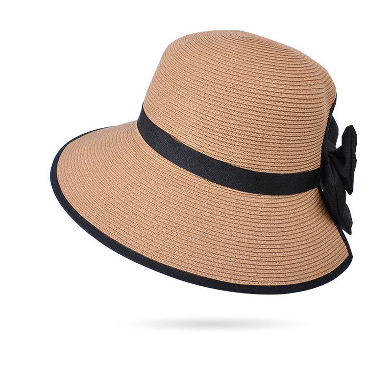 

8485 Summer Sun Protection Straw Hat Children Fashion K-style Bows Sun Protection Sun Protection Hat Big Brim Beach Sun Hat Kakh