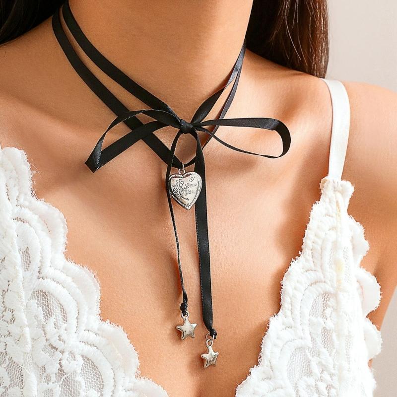 Elegant Ribbon Necklace Unique Heart Star Pendant Necklace Adjustable Bowknot Choker Adornment for Women Wedding Jewelry