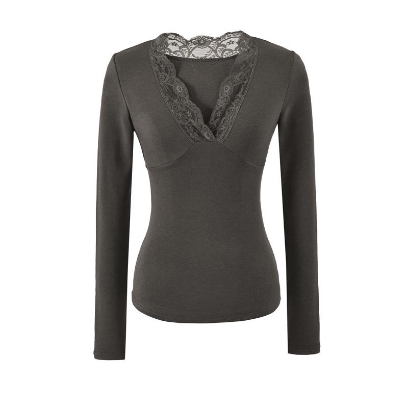 Korean Style Lace Trim V-Neck Slim-Fit Fleece Long Sleeve Women's Top