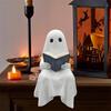 1PCS Cute Ghost Reading Resin Statue Spooky Book Figurine Hand Painted Halloween Desk Decor For Study Library Shelf Display Gift