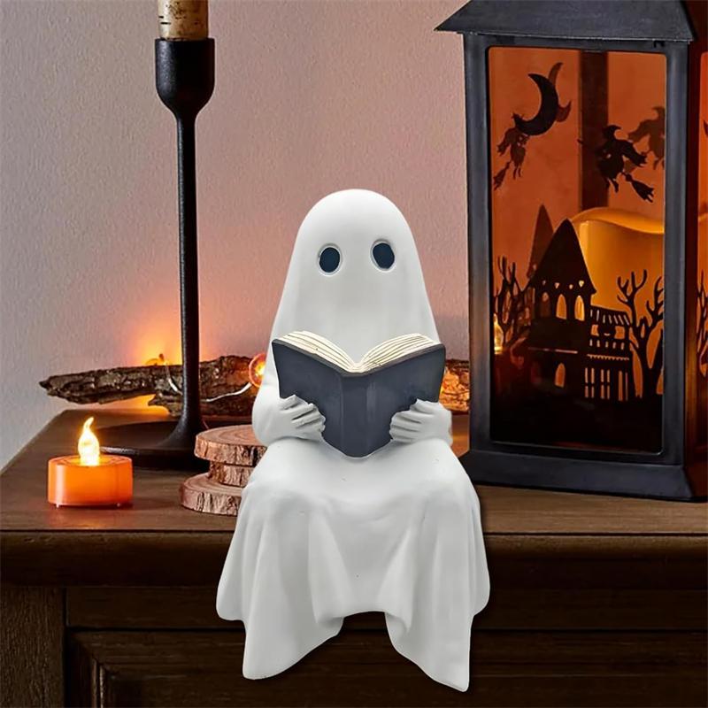 1PCS Cute Ghost Reading Resin Statue Spooky Book Figurine Hand Painted Halloween Desk Decor For Study Library Shelf Display Gift