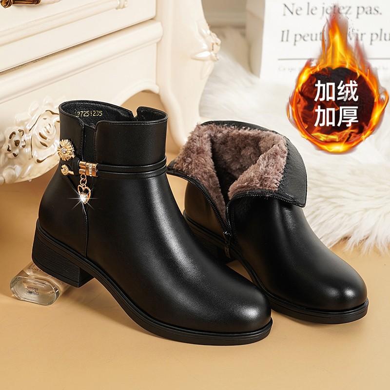 Mom Shoes Cotton Shoes Women's Autumn and Winter Velvet Women's Short Boots Women's Boots Leather Shoes Medium Heel Women's Shoes