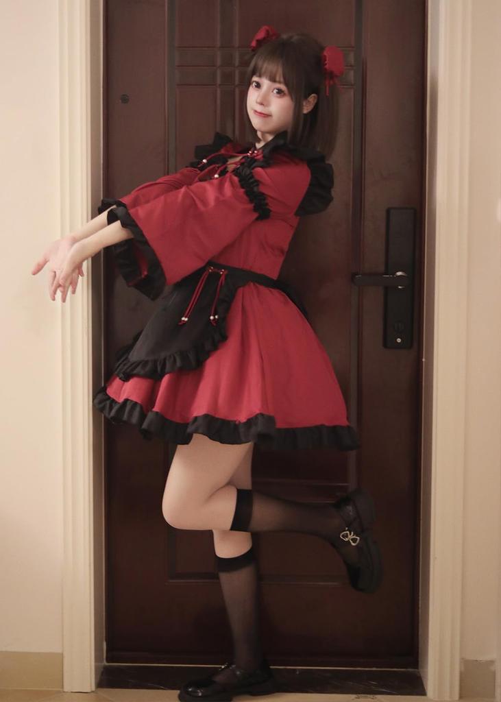 Red Lolita Maid Open Perfect for and Stage Long Cute Set for Women and Includes Socks [RPFLQ] Dress, Chest, Cafes, Halloween, Cosplay, Wear. Sleeves,