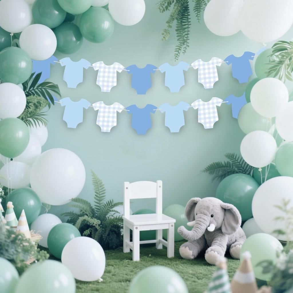 Blue Gingham Baby Shower Banner, Bodysuit Paper Garland with Clothesline, Boy or Girl Banner Baby Shower Decoration