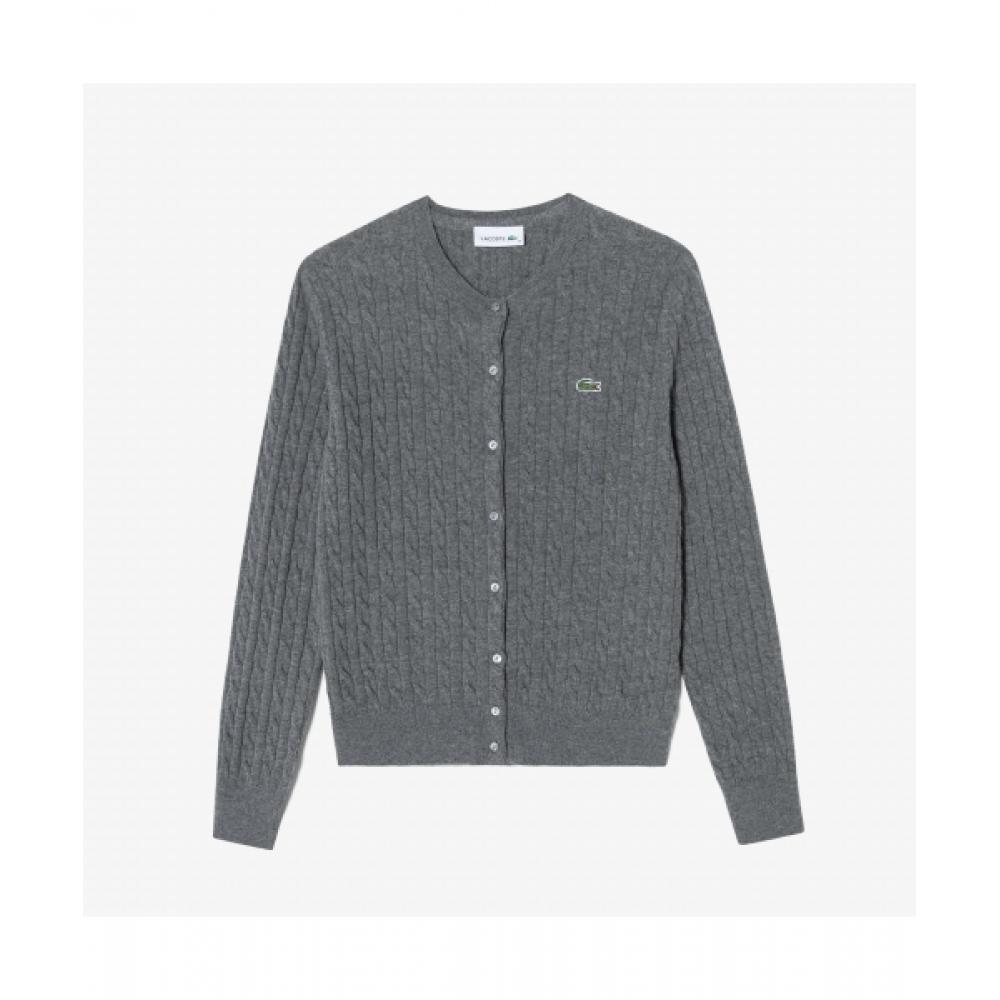 

LACOSTE Women s Cable Crewneck Cardigan [Charcoal Gray]
