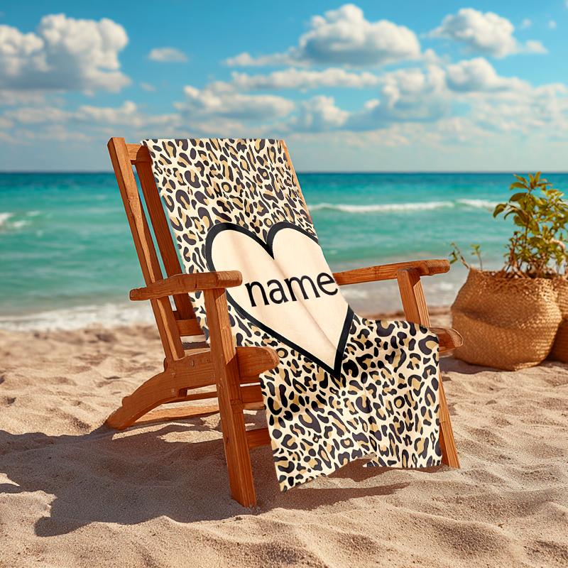 1PC Custom Name Leopard Heart Name Beach Towel Highly Absorbent And Sand-Resistant Towel for Swimming, Pool, Yoga, And Travel Lightweight