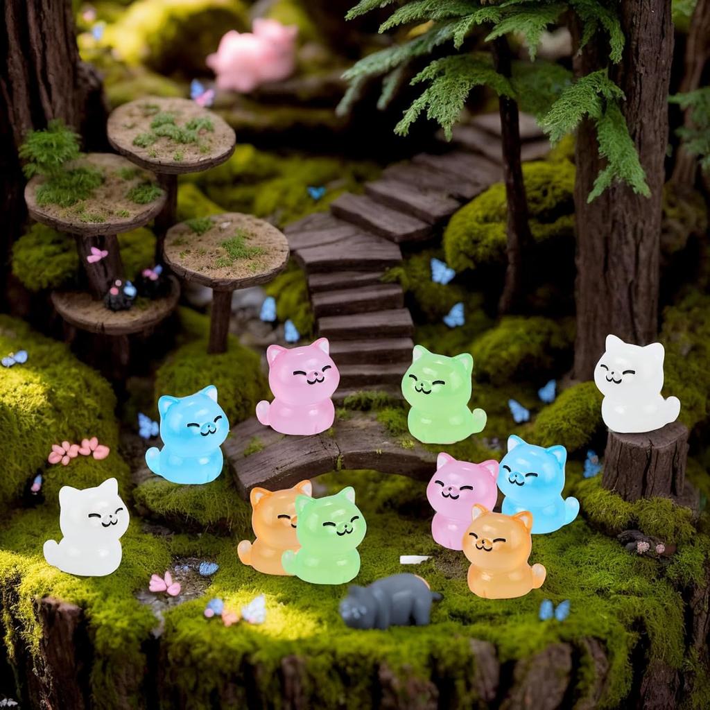 5/10Pcs Luminous Mini Resin Cat Figures Glow In The Dark Cats Animals Tiny Ornaments For Diy Fairy Garden Glass Container