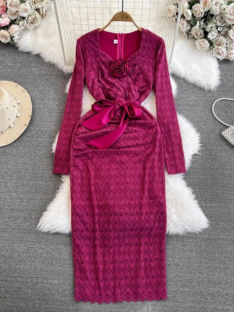 

Осенне-весеннее флисовое кружевное вечернее платье, женское облегающее платье-карандаш с квадратным воротником и длинным рукавом, с лентой и цветочным ремнем XXXL розы красного