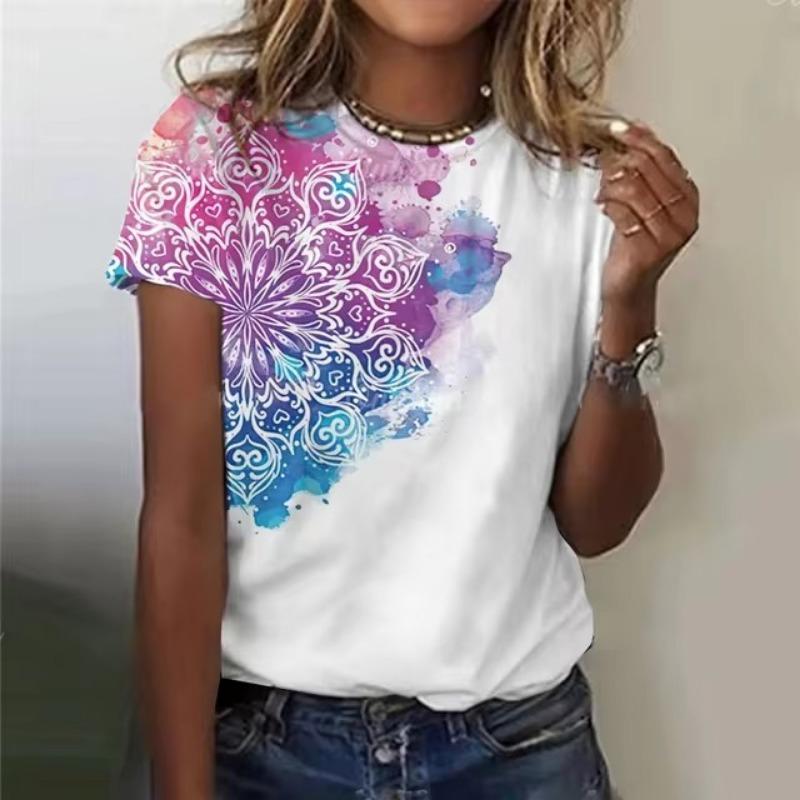 Summer Women Clothing T-shirt Crewneck Top Casual Comfort Short Sleeve Vintage 3D Print Loose Breathable Clothing Women's T-shirt