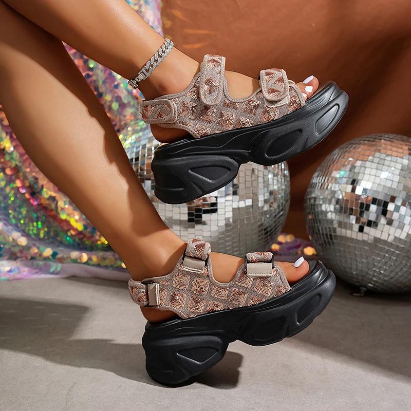 Fashion Fashion Sequins Black Chunky Sandals Women 2025 Comfort Non Slip Platform Snadles Woman Summer Plus Size Wedge Sandalias Mujer