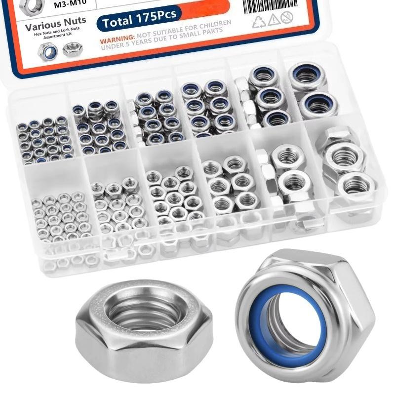 Locknuts & Hex Nuts Assortment Kit 175PCS Food Grade Stainless Steel M3-M10 for Kitchen Fixture Repair