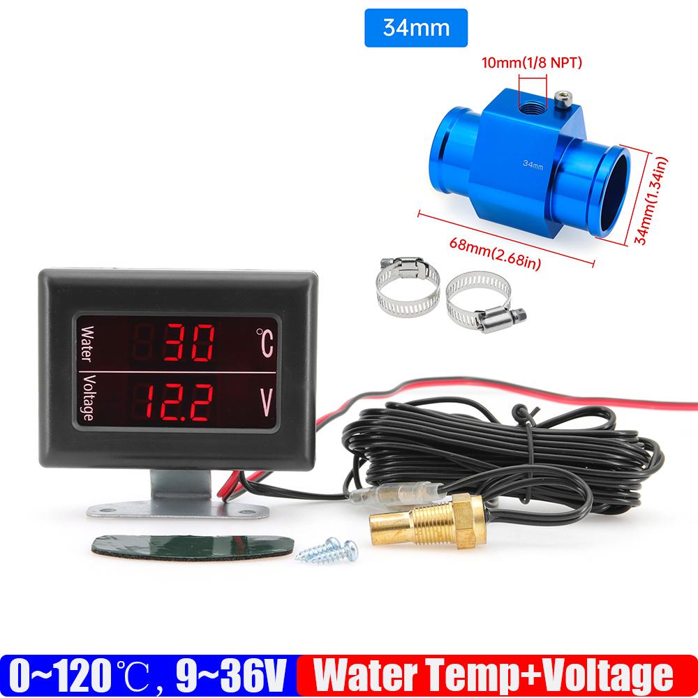 2 IN 1 Auto Car Digital 0~120℃ Water Temperature Gauge+Voltmeter 9-36V Water Temp Sensor Adapter 26MM-40MM for Auto Car Truck
