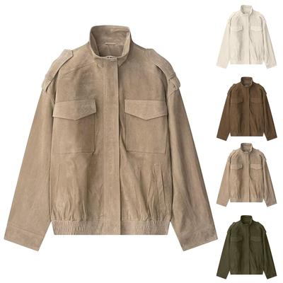 Women's Fashionable Long-sleeved Stand-up Collar Suede Pocket Fleece Texture Jacket