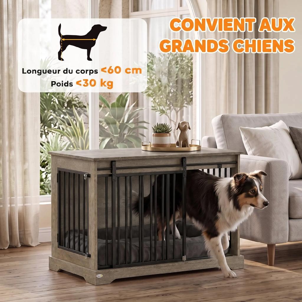 PawHut Hundebox aus Holz und Stahl mit Schiebetür, Beistelltisch, Modernes Hundezwinger, 100x60x68cm, Grau Holzoptik