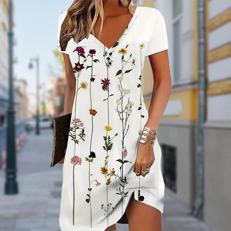 Summer Fashion Women's V Neck Short Sleeve Beautiful Flowers Printed  Dress Sex Short Skirt Dresses