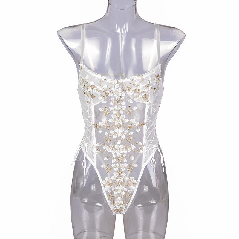Lace Embroidery Bandage See-Through Sexy Bodysuit for Women