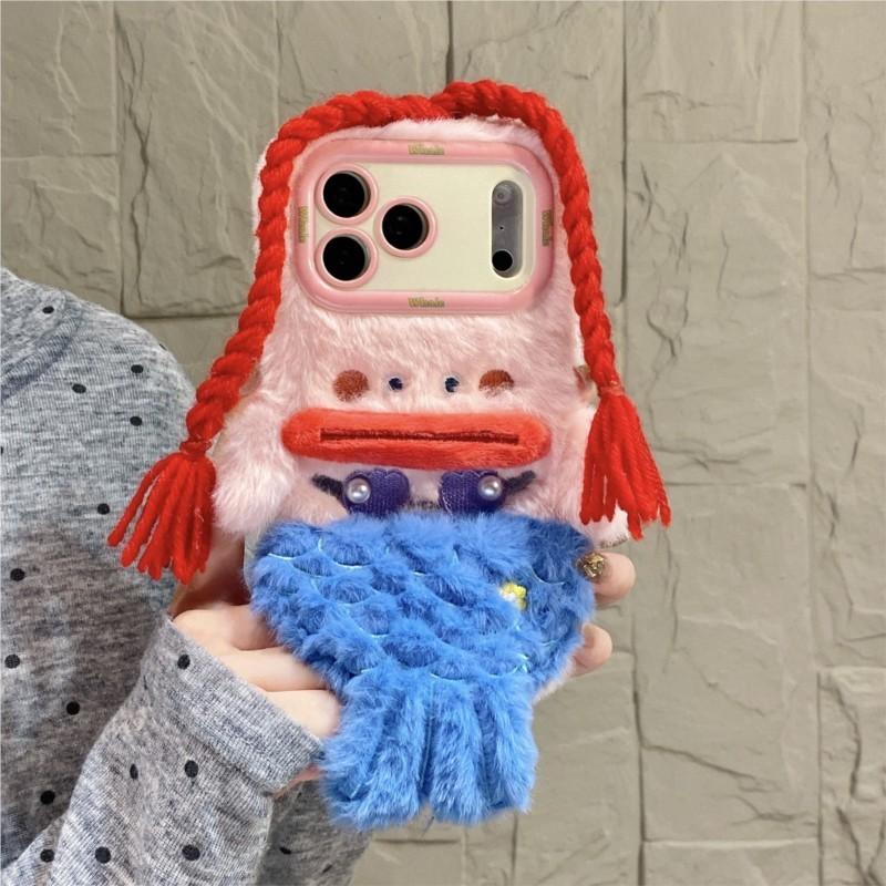 3D Cartoons Mermaid Plush Phone Case for iPhone 11 12 13 14 15 16 17 Pro Max Plus and Xiaomi 17 Pro 15 14 13 Ultra Cute Fluffy Winter Shockproof