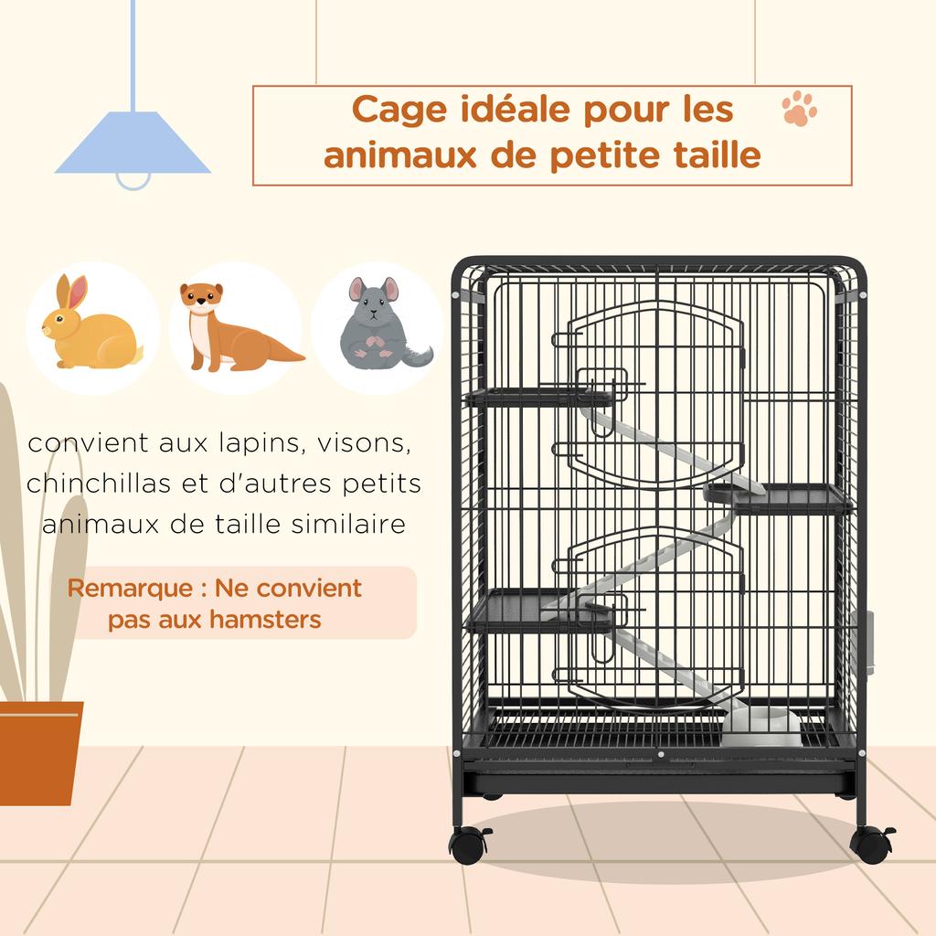 Gabbia per Roditori Gabbia per Piccoli Animali su Ruote 3 Rampe 3 Piattaforme Ciotola e Bottiglia d'Acqua Vassoio Inferiore Rimovibile per Coniglio Visone Cincillà 61,5x44x95cm