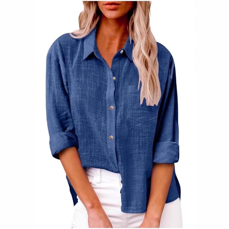

2026 Autumn/Winter Women s Retro Solid Color Lapel Long Sleeve Loose Shirt Extra Large синий