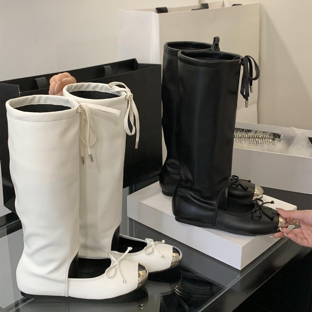 Niche Design Round Head Mary Jane Shoes Women's Strap Bow Shallow Mouth Flat Ballet Shoes Summer Sandals Cool Boots