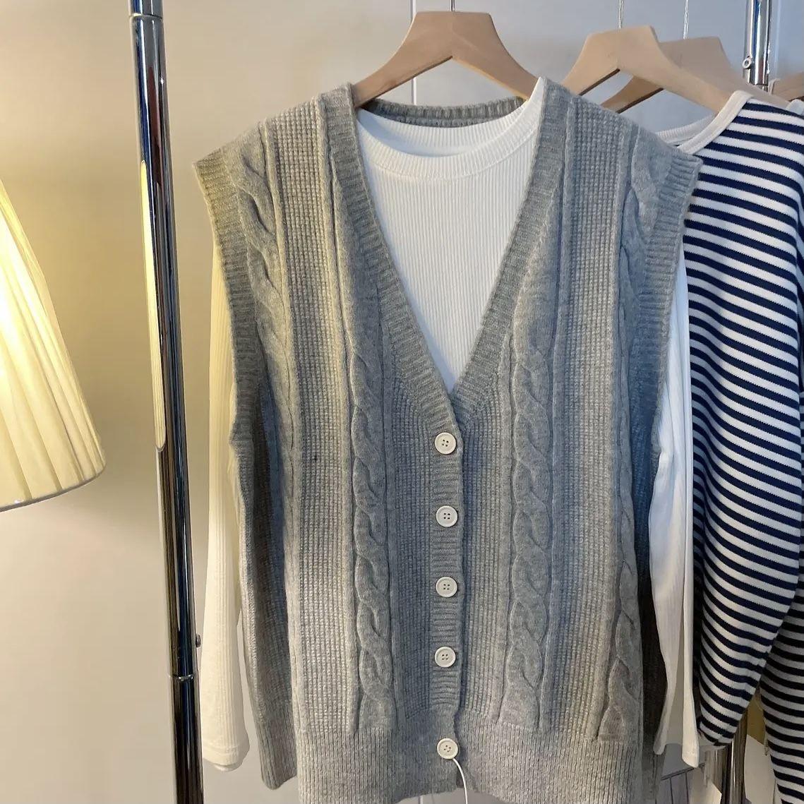 

Трикотажный жилет с V-образным вырезом, кардиган, верхняя одежда, свободный, утолщенный, в корейском стиле, жилет, жилет, верхняя одежда 2XL серый