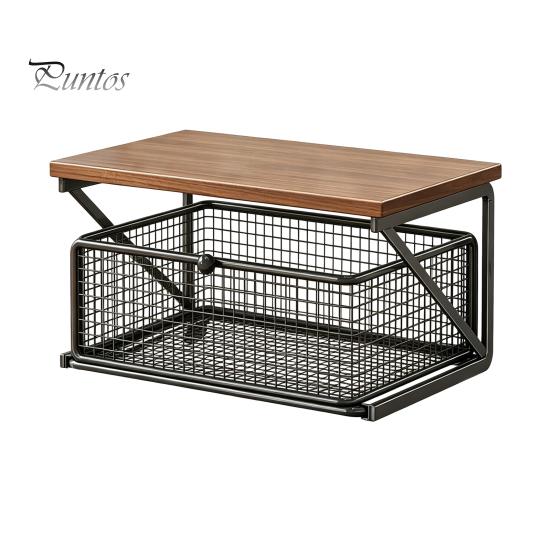 Coffee Pods Holder Station Organizer with Drawer, Tiered Bar Organizer, Wooden Top Shelf, Countertop Storage Rack Wire Mesh Drawers for Tea