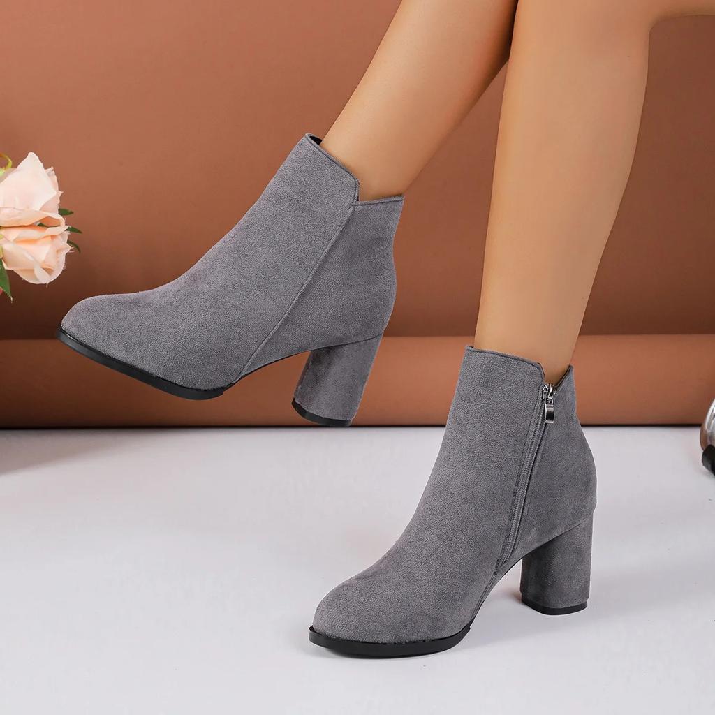 Fashion 2025 New Women Ankle Boots Fashion Pointed Shoes Women Side Zipper Stretch Middle Heel Large Size Short Boots Botas De Mujer