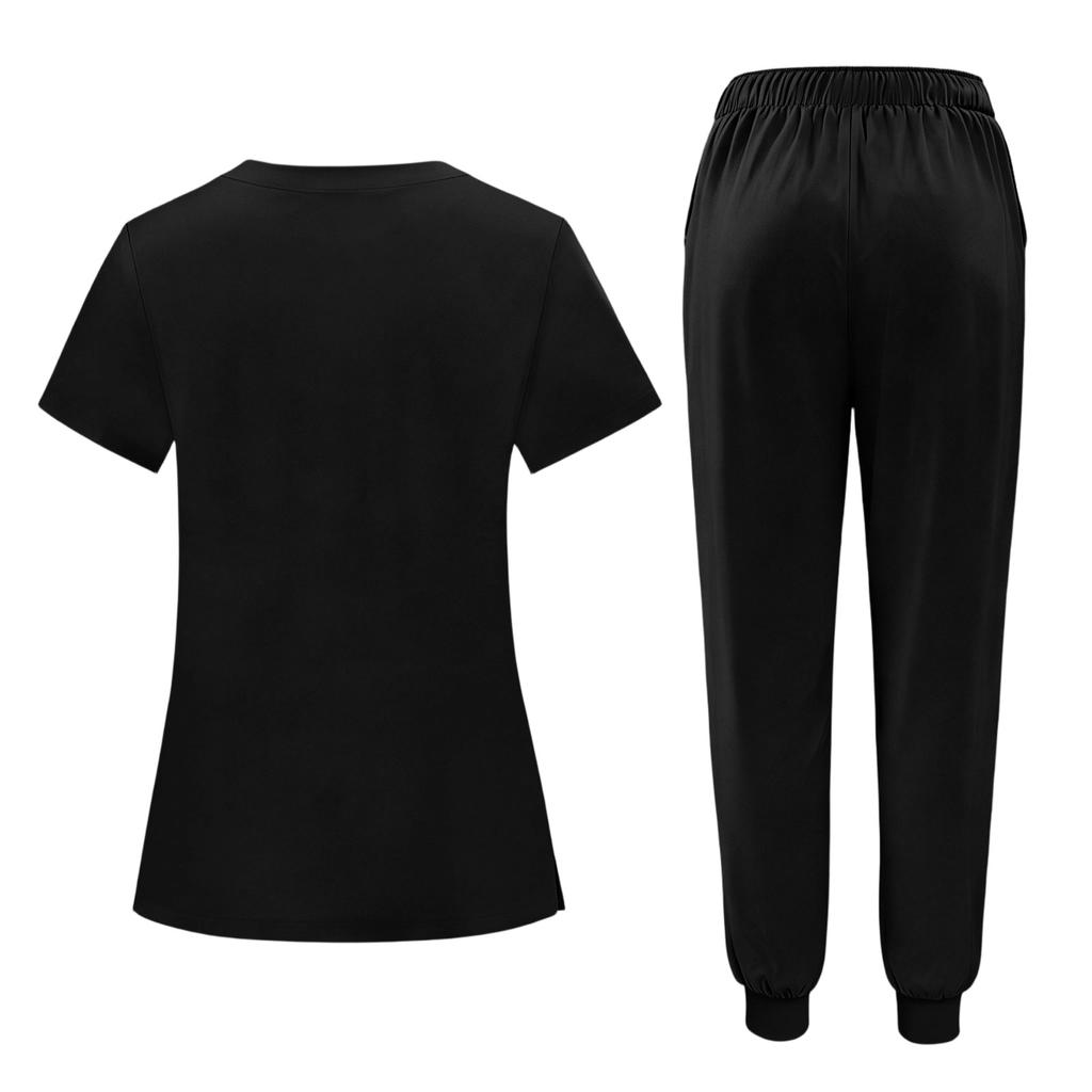 Nursing Scrub Set Women Quick Dry Fabric V Neck Short Sleeve Top with Pockets and Elastic Waist Long Pants Medical Uniform Workwear Set
