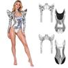 Damen ärmelloser Bodysuit mit tiefem Rücken und langärmeliger Rollkragenanzug mit Reißverschluss hinten und Schulterpanzerung, metallisch glänzend, Clubwear für Halloween-Party