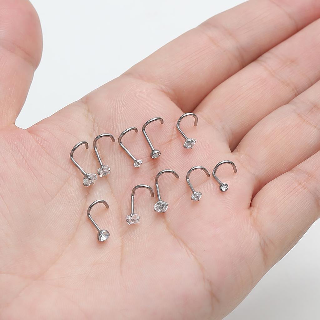15pcs Stainless Steel L Nose Rings Studs Square Round Diamond CZ Nostril Piercing Jewelry with Zircon Stone for Weddings Gifts