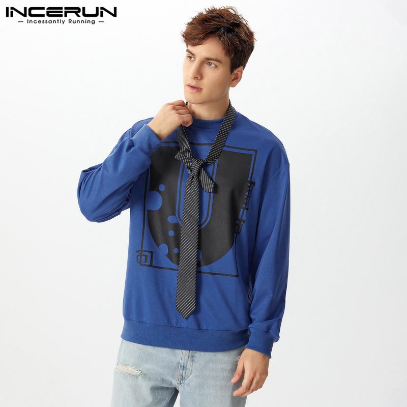 INCERUN Oversized Men O Neck Long Sleeve Letter Print Loose Casual Tops