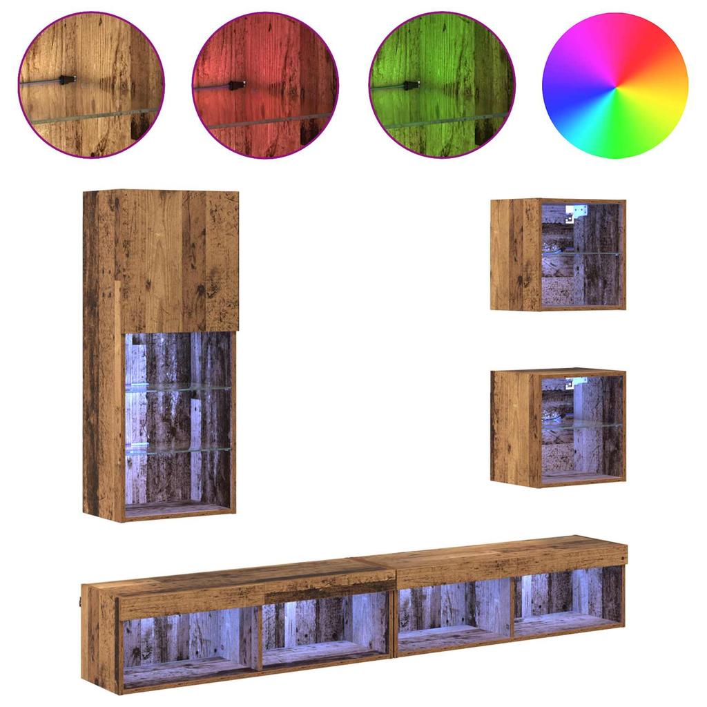 TV Wall Units with LED 5 pcs Reclaimed Wood Effect Particleboard