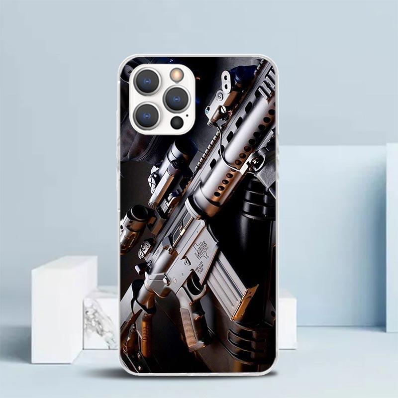 Gun Bullets AK47 Handgun Soft Cover for iPhone 16 17 Air 15 14 Pro Max 16E Phone Case 13 Mini 12 11 7 SE 8 Print Pattern Fit Cas