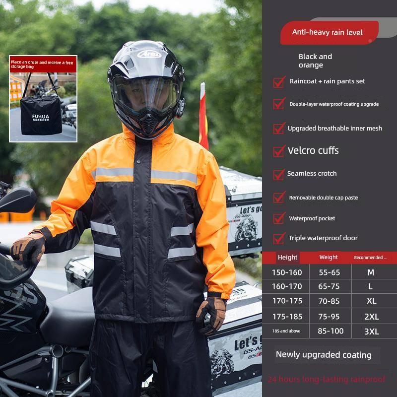 Rainproof Motorcycle Raincoat and Rain Pants Set, Two-Piece, Men'S, Fully Waterproof, Storm-Proof, Windproof, with Shoe Covers